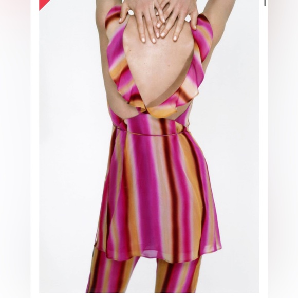 Zara✨Chiffon Stripe Ruffle Collar Wrap Mini Dress-Pink - Picture 5 of 7